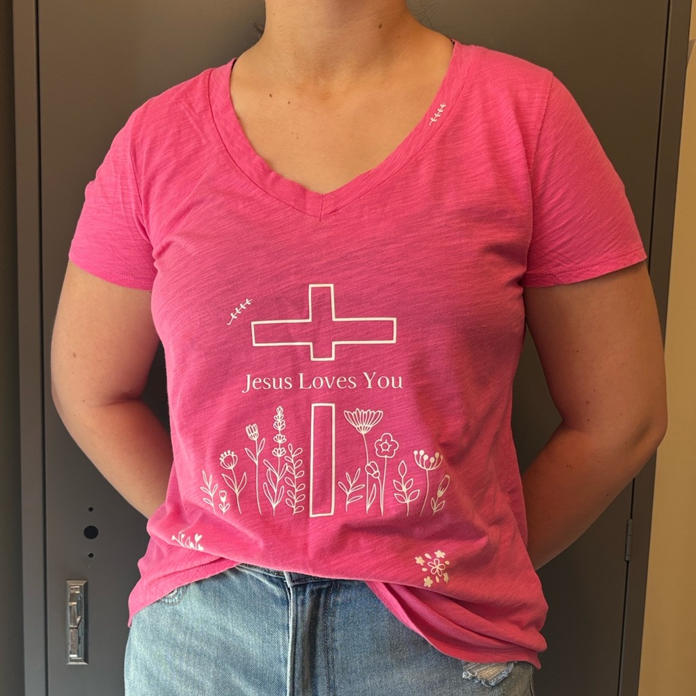 Jesus Loves You Pink Graphic V-Neck Tee Short Sleeve T Shirt Size large